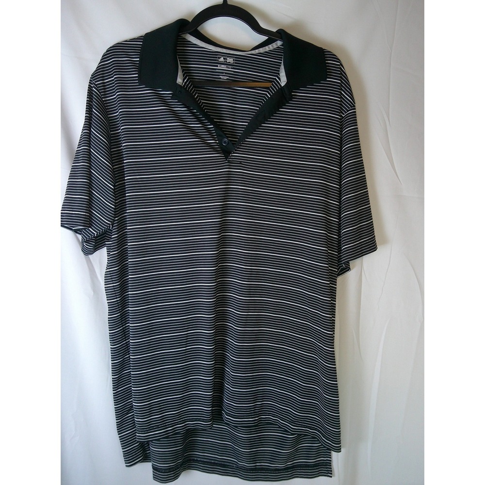 Adidas Climalite Mens Large Polo Shirt Black White Striped Short Sleeve Golf Tee